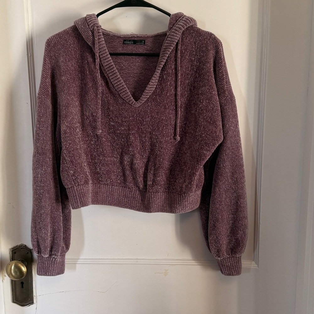 Nikkak Lavender Textured Cropped Cardigan with Hood.